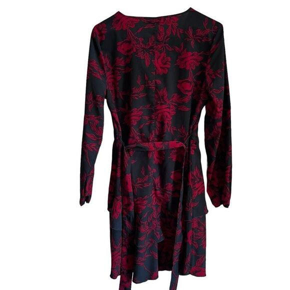 Bugues Floral Print Long Sleeve V-Neck Ruffle Mini Dress Black Red Large - Picture 8 of 8